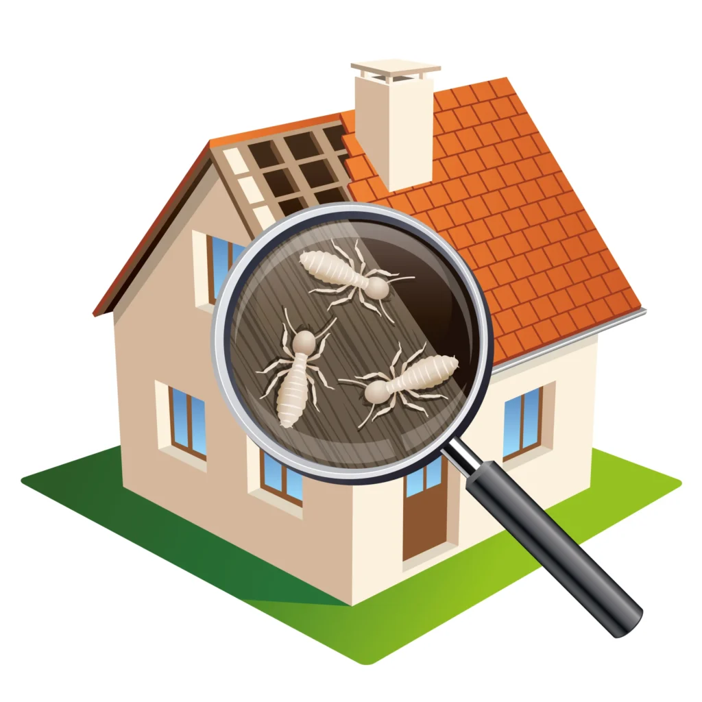 picto avec diagnostic termites d' une maison en analyse à la loupe