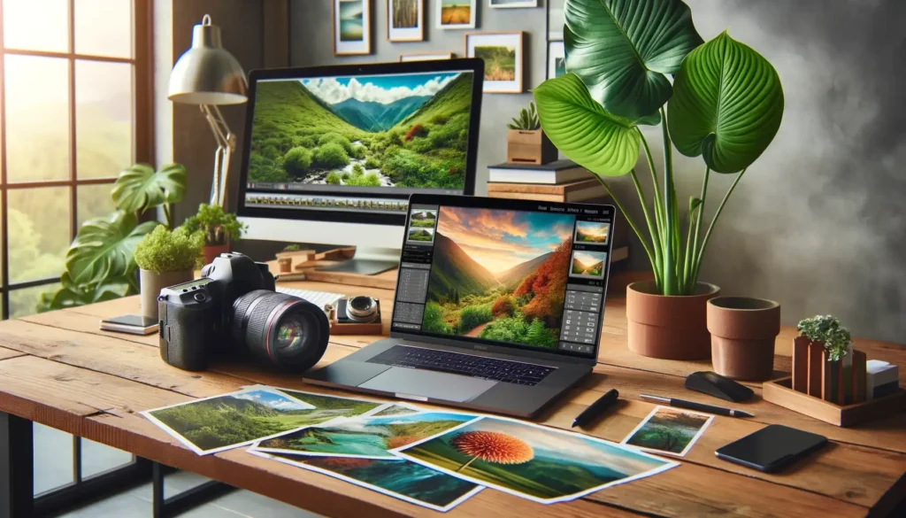 bureau de travail à domicile avec ordinateur et appareil photo